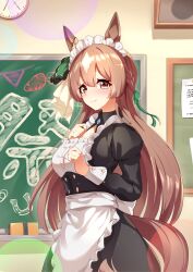 Rule 34 | 1girl, absurdres, alternate costume, animal ears, apron, breasts, brown eyes, brown hair, chalkboard, clock, closed mouth, commentary request, enmaided, hair between eyes, hair ornament, highres, horse ears, horse tail, long hair, looking at viewer, maid, maid apron, maid headdress, medium breasts, satono diamond (umamusume), smile, solo, sunny (20597521), tail, umamusume