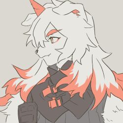 Rule 34 | 1boy, arknights, black shirt, closed mouth, dog boy, fang, from side, furry, furry male, grey background, horns, hung (arknights), long hair, male focus, orange eyes, portrait, red horns, shirt, simple background, single horn, sirakaro, solo, white hair