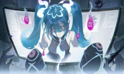 Rule 34 | 1girl, absurdres, aqua hair, bare shoulders, creatures (company), detached sleeves, game freak, gastly, gen 1 pokemon, ghost, ghost miku (project voltage), glitch, grey shirt, hair between eyes, hatsune miku, highres, hitodama, holding, holding pen, long hair, looking at viewer, monitor, necktie, nintendo, pale skin, pen, pokemon, pokemon (creature), project voltage, shirt, sleeves past fingers, sleeves past wrists, sumery, through medium, through screen, twintails, very long hair, vocaloid, will-o&#039;-the-wisp (mythology), yellow eyes