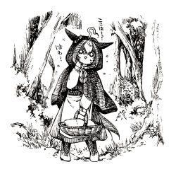 Rule 34 | 1girl, ahoge, animal ears, apron, basket, blank eyes, breasts, cloak, forest, full body, greyscale, hand up, holding, holding basket, hood, hooded cloak, horse ears, horse girl, horse tail, little red riding hood, long sleeves, mame nabe donko, meisho doto (umamusume), monochrome, nature, open mouth, shirt, skirt, solo, standing, sweat, tail, translation request, tree, turn pale, umamusume, waist apron, wilted ahoge