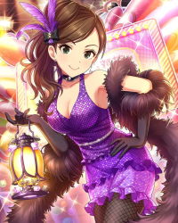 Rule 34 | 10s, 1girl, alternate costume, artist request, bare shoulders, black gloves, breasts, brown hair, cleavage, dress, earrings, elbow gloves, etou misaki (idolmaster), feather boa, feather hair, gloves, green eyes, idolmaster, idolmaster cinderella girls, jewelry, long hair, looking at viewer, official art, pantyhose, purple dress, side ponytail, smile, solo