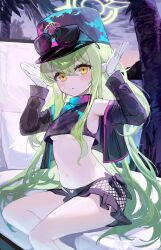 Rule 34 | 1girl, absurdres, bikini, black bikini, black hat, black jacket, blue archive, blush, breasts, closed mouth, eyewear on headwear, feet out of frame, gloves, green hair, green halo, hair between eyes, halo, hat, highres, hikari (blue archive), jacket, kabedoru, long hair, long sleeves, looking at viewer, navel, open clothes, open jacket, outdoors, palm tree, peaked cap, pointy ears, sitting, small breasts, solo, sunglasses, swimsuit, tree, white gloves, yellow eyes