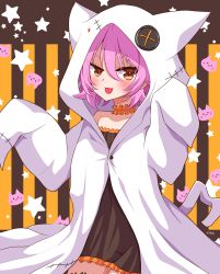 Rule 34 | 1girl, absurdres, animal print, black dress, blush, cat print, commentary, dress, ghost costume, hair between eyes, highres, hood, hoodie, kantai collection, pink hair, pirikara spicy tapioca, red eyes, short hair, solo, star (symbol), star print, striped, striped background, tama (kancolle), thighhighs, tongue, tongue out, white hoodie