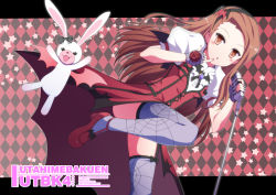 Rule 34 | 1girl, argyle, argyle background, argyle clothes, brown eyes, brown hair, dress, fingerless gloves, flower, gloves, hairband, idolmaster, idolmaster (classic), leg up, long hair, microphone, microphone stand, minase iori, my dear vampire, nail polish, ookami maito, red footwear, rose, shoes, solo, stuffed animal, stuffed rabbit, stuffed toy, thighhighs, vampire costume