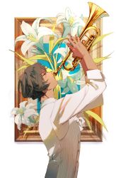 Rule 34 | 1boy, arjuna (fate), black hair, closed eyes, commentary request, dark-skinned male, dark skin, fate/grand order, fate (series), flower, from side, hair between eyes, highres, holding, instrument, lily (flower), long sleeves, male focus, profile, sakuramochi1003, solo, trumpet