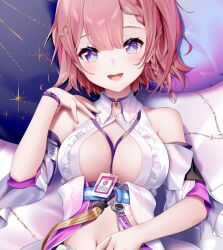 Rule 34 | 1girl, asta (honkai: star rail), bed, between breasts, blue eyes, blush, braid, breasts, commentary, hair between eyes, hair ornament, honkai: star rail, honkai (series), id card, medium breasts, navel, open clothes, open mouth, pillow, pink hair, portrait, rimuu, side braid, solo
