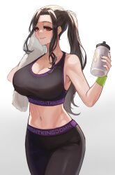Rule 34 | 1girl, alternate costume, bare shoulders, black sports bra, bottle, breasts, brown hair, collarbone, crop top, exercising, gradient hair, grey hair, highres, holding, holding bottle, holding towel, large breasts, long hair, looking at viewer, mature female, midriff, mole, mole on neck, multicolored hair, navel, nekotokage, nijisanji, orange eyes, pants, ponytail, purple sports bra, shirayuki tomoe, shorts, simple background, smile, solo, sports bra, sportswear, sweat, tank top, toned, towel, two-tone sports bra, virtual youtuber, water bottle, white background, wiping, wiping face, wiping sweat, wristband, yoga pants