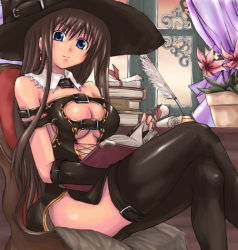 Rule 34 | 1girl, bare shoulders, belt, blue eyes, book, breasts, brown hair, cleavage, cleavage cutout, clothing cutout, gloves, hat, large breasts, legs, crossed legs, long hair, long legs, no bra, original, quill, satofuji masato, sitting, solo, thighhighs, thighs, underboob, witch