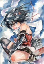Rule 34 | 1044kiro, 10s, 1girl, absurdres, ballpoint pen (medium), black eyes, black hair, black thighhighs, elbow gloves, fingerless gloves, gloves, hair ornament, highres, kantai collection, kneeling, looking at viewer, machinery, painting (medium), scarf, sendai (kancolle), sendai kai ni (kancolle), short hair, single thighhigh, skindentation, skirt, smile, solo, thighhighs, traditional media, turret, two side up, watercolor (medium)