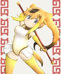 Rule 34 | 1girl, absurdres, black eyes, breasts, commentary request, covered navel, golden snub-nosed monkey (kemono friends), highleg, highleg leotard, highres, kemono friends, leotard, long hair, looking at viewer, orange hair, solo, tail, thighhighs