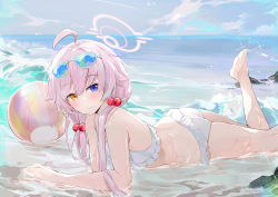 Rule 34 | 1girl, ahoge, bare arms, bare shoulders, barefoot, bikini, blue archive, blue eyes, blush, closed mouth, cloud, dema hmw, eyewear on head, frilled bikini, frills, hair over shoulder, halo, heterochromia, hoshino (blue archive), hoshino (swimsuit) (blue archive), leg up, looking at viewer, lying, ocean, on stomach, outdoors, shallow water, signature, sky, solo, sparkle, sunglasses, swimsuit, tinted eyewear, water, water drop, wet, white bikini, yellow eyes
