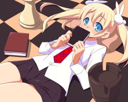 Rule 34 | 1girl, 9law, bad id, bad pixiv id, blonde hair, blue eyes, board game, book, checkered floor, chess, floor, necktie, original, solo, twintails