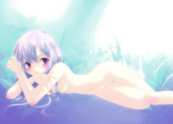 Rule 34 | 1girl, blush, breasts, censored, convenient censoring, hair over breasts, legs folded, long hair, lying, nude, on side, purple eyes, purple hair, silver hair, small breasts, solo, steam