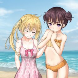 Rule 34 | 2girls, bare arms, bare shoulders, beach, bikini, blonde hair, blue sky, blush, breasts, brown hair, closed eyes, closed mouth, cloud, cloudy sky, commentary request, day, double bun, dress, feet out of frame, hair between eyes, hair bun, hand up, hands on own chest, hands up, holding another&#039;s arm, kihara enshuu, kihara nayuta, light blush, long hair, looking at viewer, multiple girls, navel, ocean, orange bikini, outdoors, pink dress, purple eyes, sand, shin (highest1192), short hair, sky, small breasts, smile, standing, stomach, swimsuit, toaru majutsu no index, toaru majutsu no index: new testament, twintails, water, waves