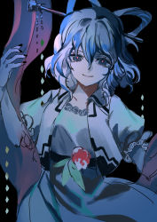 Rule 34 | 1girl, ama asagi, belt, black background, black nails, blue dress, blue eyes, blue hair, breasts, closed mouth, collarbone, commentary request, cowboy shot, dress, drill hair, drill sidelocks, flower, hagoromo, hair between eyes, hair ornament, hair rings, hair stick, hand up, highres, kaku seiga, light smile, looking at viewer, medium hair, nail polish, one-hour drawing challenge, open clothes, open vest, puffy short sleeves, puffy sleeves, red pupils, shawl, short sleeves, sidelocks, simple background, small breasts, solo, touhou, vest, white vest