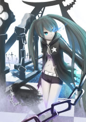 Rule 34 | 10s, bad id, bad pixiv id, belt, bikini, bikini top only, black hair, black rock shooter, black rock shooter (character), blue eyes, chain, coat, glowing, glowing eyes, highres, lino-lin, long hair, scar, shorts, solo, star (symbol), swimsuit, twintails, uneven twintails, very long hair