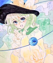 Rule 34 | 1girl, black hat, blouse, blue background, blue eyes, blush, bow, frilled bow, frilled shirt collar, frilled sleeves, frills, green nails, hair between eyes, hat, hat bow, komeiji koishi, light green hair, long sleeves, looking at viewer, matsuppoi, medium hair, open mouth, own hands together, shikishi, shirt, smile, solo, third eye, touhou, traditional media, upper body, wavy hair, wide sleeves, yellow bow, yellow shirt