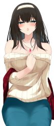 Rule 34 | 1girl, :o, absurdres, argyle clothes, argyle hairband, bare shoulders, black hair, blush, breasts, collarbone, enri madoka, green skirt, half-closed eyes, highres, idolmaster, idolmaster cinderella girls, large breasts, long hair, looking at viewer, off-shoulder sweater, off shoulder, plaid shawl, red shawl, ribbed sweater, sagisawa fumika, shawl, simple background, skirt, solo, straight hair, sweater, white background