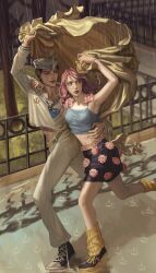 Rule 34 | 1boy, 1girl, absurdres, anchor symbol, arm up, armpits, bare legs, commentary, curly hair, english commentary, flower, green lips, grey eyes, hand on another&#039;s shoulder, hand on another&#039;s waist, hat, higashikata josuke (jojolion), highres, hirose yasuho, jojo no kimyou na bouken, jojolion, long hair, looking at another, midriff, miniskirt, natatazzz, outdoors, pink flower, pink hair, rain, reflection, reflective water, running, sailor collar, sailor hat, sailor shirt, shirt, short hair, skirt, smile, tank top, tree, water drop, yellow eyes