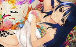 Rule 34 | 1girl, bed sheet, black eyes, blue hair, breasts, cleavage, highres, jpeg artifacts, large breasts, long hair, looking at viewer, naked sheet, nude, sitting, smile, snyp, solo, tattoo, third-party edit, tony taka, wallpaper, watermark
