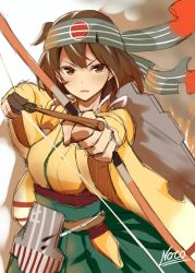 Rule 34 | &gt;:o, 10s, 1girl, :o, aiming, archery, arrow (projectile), bad id, bad twitter id, bandana, bow (weapon), brown eyes, brown hair, expressionless, flight deck, highres, hiryuu (kancolle), holding, holding weapon, japanese clothes, kantai collection, kimono, long sleeves, looking at viewer, muneate, parted lips, serious, short hair, signature, solo, standing, takehana note, upper body, v-shaped eyebrows, weapon