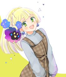 Rule 34 | :d, alternate costume, atsumi yoshioka, blonde hair, blue sweater, blunt bangs, blush, brown dress, casual, colored eyelashes, cosmog, creatures (company), dress, earrings, game freak, gen 7 pokemon, green eyes, jewelry, legendary pokemon, lillie (pokemon), long hair, long sleeves, looking at viewer, nintendo, open mouth, pinafore dress, pokemon, pokemon (creature), pokemon sm, ponytail, sleeveless, sleeveless dress, smile, sweater, tareme, triangle, two-tone background, upper body, yellow eyes