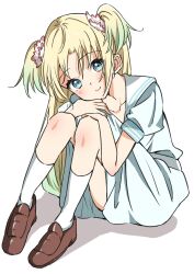 Rule 34 | 1girl, ankle socks, aqua hair, blonde hair, blue eyes, brown footwear, closed mouth, collarbone, commentary, djpwjd1, dress, flower, full body, gradient hair, hair flower, hair ornament, hand on own leg, hasu no sora school uniform, highres, knees up, light blush, link! like! love live!, loafers, long hair, looking at viewer, love live!, medium dress, multicolored hair, osawa rurino, parted bangs, pink flower, sailor dress, school uniform, shoes, short sleeves, sitting, smile, socks, solo, summer uniform, twintails, virtual youtuber, white dress, white flower, white socks