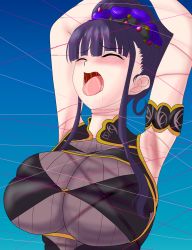 Rule 34 | 1girl, absurdres, armpits, arms up, asphyxiation, blue background, blunt bangs, blush, breasts, choked, closed eyes, fate/grand order, fate (series), hair ornament, hanged, highres, hokutoraoh, huge breasts, long hair, murasaki shikibu (fate), open mouth, purple hair, short hair with long locks, solo, strangling, strangulation, tongue, tongue out, upper body, wire