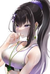 Rule 34 | 1girl, black hair, blue archive, breasts, choker, closed mouth, crop top, flower, green choker, hair flower, hair ornament, highres, large breasts, light blush, long hair, looking at viewer, midriff, mikamiruka 0728, ponytail, purple eyes, simple background, sports bra, sumire (blue archive), sweat, sweatdrop