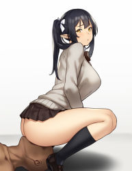 Rule 34 | 1girl, ass, black hair, black neckwear, black skirt, blush, breasts, clothes lift, elf, elf (houtengeki), grey sweater, hair ribbon, hip focus, houtengeki, kneehighs, large breasts, loafers, long hair, looking back, open mouth, original, pleated skirt, pointy ears, ribbon, school uniform, shoes, simple background, sitting, sitting on face, sitting on person, skirt, socks, solo focus, sweater, thighs, twintails, white background, white ribbon, yellow eyes