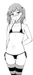 Rule 34 | 1girl, animal collar, arm behind back, bikini, blush, breasts, collar, collarbone, cowboy shot, geewhy, greyscale, groin, halterneck, head tilt, highres, houshi iin no oshigoto, looking at viewer, micro bikini, monochrome, navel, nose blush, parted lips, pregnant, side-tie bikini bottom, small breasts, solo, striped clothes, striped thighhighs, swimsuit, thigh gap, thighhighs, tsujibayashi rin, twintails, white background