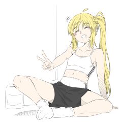 Rule 34 | 1girl, ^ ^, ahoge, arm support, black shorts, blonde hair, blush, bocchi the rock!, breasts, clenched teeth, closed eyes, collarbone, commentary request, detached ahoge, full body, grin, highres, ijichi nijika, leaning back, long hair, mangpum (taro109210), navel, outstretched hand, shorts, side ponytail, sitting, small breasts, smile, socks, solo, sports bra, sweat, teeth, v, white socks, white sports bra