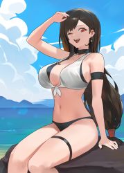 Rule 34 | &gt; o, 1girl, ;d, alternate costume, arm strap, arm support, arm up, beach, bikini, black hair, blue sky, breasts, brown hair, cloud, commentary, costa del sol, day, earrings, final fantasy, final fantasy vii, highres, hood (james x), jewelry, large breasts, legs, long hair, looking at viewer, navel, ocean, one eye closed, open mouth, outdoors, red eyes, rock, sitting, sitting on rock, sky, smile, solo, square enix, stomach, swimsuit, thigh strap, thighs, tifa lockhart