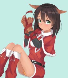 Rule 34 | 1girl, absurdres, animal ears, belt, black belt, black shirt, blush, boots, brown gloves, brown hair, cape, capelet, closed mouth, commentary request, dark-skinned female, dark skin, dress, fake animal ears, fur-trimmed boots, fur-trimmed capelet, fur-trimmed dress, fur trim, girls und panzer, gloves, green background, green eyes, highres, holding, hoshino (girls und panzer), invisible chair, knee boots, kshimu, layered sleeves, leaning back, light blush, long sleeves, looking at viewer, mouth hold, panties, pantyshot, red cape, red dress, red footwear, red ribbon, ribbon, shirt, short dress, short hair, short over long sleeves, short sleeves, simple background, sitting, solo, sweatdrop, underwear, yellow panties