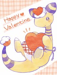 Rule 34 | ampharos, apron, blush, brown eyes, clothed pokemon, colored skin, creatures (company), full body, game freak, gen 2 pokemon, happy valentine, heart, holding, holding heart, nintendo, no humans, plaid, plaid apron, pokemon, pokemon (creature), simple background, smile, tansho, twitter username, valentine, whipped cream, yellow skin