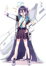 Rule 34 | 1girl, :d, absurdly long hair, absurdres, aqua necktie, aris (blue archive), black skirt, black socks, blue archive, blue eyes, blue hair, blush, collared shirt, commentary request, full body, gradient hair, hair between eyes, halo, hand on own hip, highres, jacket, long hair, long sleeves, looking at viewer, multicolored hair, necktie, nian962464, notice lines, open clothes, open jacket, open mouth, outstretched arm, purple hair, shirt, shoes, simple background, skirt, smile, socks, solo, sparkle, thumbs up, very long hair, white background, white footwear, white jacket, white shirt