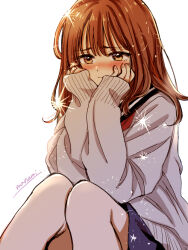 Rule 34 | 1girl, artist name, black sailor collar, blue skirt, blush, brown hair, closed mouth, commentary request, grey sweater, hands on own face, hands up, long hair, long sleeves, neckerchief, original, red neckerchief, sad, sailor collar, school uniform, serafuku, signature, simple background, sitting, sketch, skirt, sleeves past wrists, solo, sparkle, sugano manami, sweater, white background
