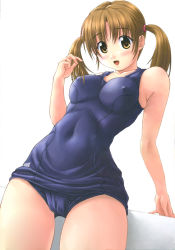 Rule 34 | 1girl, arm support, blue one-piece swimsuit, blue school swimsuit, blush, breasts, brown eyes, brown hair, character request, collarbone, copyright request, covered erect nipples, highres, kagehara hanzou, long hair, looking at viewer, medium breasts, one-piece swimsuit, open mouth, smile, solo, standing, swimsuit, twintails