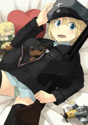 Rule 34 | 1girl, :x, aircraft, airplane, bed sheet, bf 109, black thighhighs, blonde hair, blue eyes, dachshund, dog, erica hartmann, futenesira, gertrud barkhorn, glasses, gun, hand on headwear, hat, heart, heart-shaped pillow, medal, military, military uniform, open mouth, pillow, shiraba (sonomama futene), short hair, smile, solo, strike witches, strike witches: suomus misfits squadron, stuffed toy, thighhighs, toy, uniform, ursula hartmann, weapon, world witches series