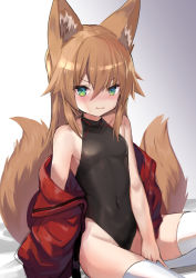 1girl, animal ear fluff, animal ears, black leotard, blush, breasts, brown hair, commentary request, covered navel, eyebrows visible through hair, fox ears, fox tail, gradient, gradient background, green eyes, grey background, hair between eyes, kokonoe tsubaki, leotard, long hair, looking at viewer, original, sitting, small breasts, solo, tail, thighhighs, thighs, white legwear, yoshizawa tsubaki