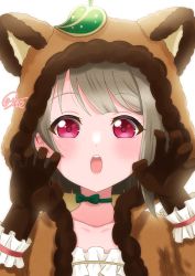 Rule 34 | 1girl, :o, absurdres, animal ears, animal hood, artist name, artist request, bandeau, black gloves, blush, bow, breasts, brown gloves, brown hair, brown hoodie, brown jacket, buttons, choker, claw pose, cleavage, collarbone, exciting animal (love live!), female focus, frill trim, frilled bandeau, frilled cuffs, frilled sleeves, frills, fur-trimmed jacket, fur jacket, fur trim, gloves, green bow, green choker, green ribbon, grey hair, hair ornament, heart, heart (symbol), heart print, highres, hood, hood up, hooded jacket, hoodie, jacket, leaf hair ornament, leaf print, light brown hair, long sleeves, looking at viewer, love live!, love live! nijigasaki high school idol club, love live! school idol festival, love live! school idol festival all stars, nakasu kasumi, neck ribbon, orange bandeau, parted lips, pink bow, pink eyes, puffy long sleeves, puffy sleeves, purple eyes, raccoon costume, raccoon ears, raccoon hood, ribbon, ribbon trim, short hair, small breasts, smile, solo, upper body, white background, white wrist cuffs, wrist cuffs