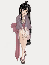 Rule 34 | 1girl, ace attorney, black hair, blunt bangs, full body, grey background, hair ornament, hands on own knees, hanten (clothes), highres, jacket, japanese clothes, jewelry, kimono, long hair, long sleeves, looking at viewer, magatama, maya fey, necklace, obi, okobo, omen hohoho, open mouth, parted bangs, pink sash, purple jacket, sandals, sash, short kimono, sidelocks, simple background, sitting, solo