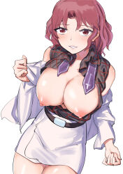 Rule 34 | 1girl, absurdres, bare shoulders, belt, black belt, black shirt, blush, bow, bowtie, breasts, breasts out, collared shirt, cowboy shot, dutch angle, gunnjou yosio, highres, horikawa raiko, jacket, large breasts, light smile, nipples, off shoulder, open clothes, open shirt, parted bangs, parted lips, pencil skirt, plaid, plaid shirt, purple bow, purple bowtie, red eyes, red hair, shirt, short hair, skirt, sleeveless, sleeveless shirt, solo, standing, teeth, touhou, undone bowtie, white background, white jacket, white skirt