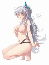 Rule 34 | ahoge, bare legs, bare shoulders, barefoot, bikini, black bikini, blush, breasts, choker, commentary request, dated, diamond-shaped pupils, diamond (shape), earrings, full body, hair between eyes, hand on own chest, highres, honkai (series), honkai impact 3rd, huiqian, jewelry, kiana kaslana, kiana kaslana (herrscher of the void), long hair, looking at viewer, medium breasts, navel, nipples, open mouth, ponytail, silver hair, smile, solo, squatting, starfish hair ornament, swimsuit, symbol-shaped pupils, topless, very long hair, white background, yellow eyes