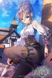 Rule 34 | 1girl, bell tower, blue eyes, boots, bracelet, clothing cutout, copyright name, corset, dagger, earrings, frilled sleeves, frills, gyakushuu no fantasica, hair bun, holster, jewelry, knife, looking at viewer, official art, pantyhose, parted lips, ring, sheath, sheathed, shoulder cutout, silver hair, single hair bun, solo, standing, standing on one leg, sukja, thigh holster, underbust, watermark, weapon