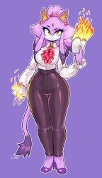 1girl absurdres blaze_the_cat breasts cat_girl curvy ear_piercing female_focus fire forehead_jewel full_body furry furry_female high_heels highres jamoart long_hair looking_at_viewer medium_breasts piercing ponytail purple_hair secretary simple_background solo sonic_(series) tail thick_thighs thighs wide_hips yellow_eyes