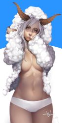 Rule 34 | 1girl, baby.g, breasts, finger to mouth, highres, horns, lips, long hair, looking at viewer, mole, mole under eye, navel, panties, silver hair, solo, stomach, underwear, white panties, wool, yellow eyes