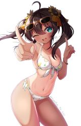 Rule 34 | 1girl, ahoge, bikini, blue eyes, breasts, brown hair, cleavage, commentary request, contrapposto, dated, eyewear on head, flower, foreshortening, hair flower, hair ornament, highres, hololive, index fingers raised, lemon print, long hair, looking at viewer, medium breasts, natsuiro matsuri, natsuiro matsuri (summer 2020), navel, one-piece tan, one eye closed, open mouth, rooby n, round teeth, side-tie bikini bottom, simple background, solo, standing, sunflower, sunglasses, swimsuit, tan, tanline, teeth, twintails, twitter username, upper teeth only, virtual youtuber, white background, white bikini