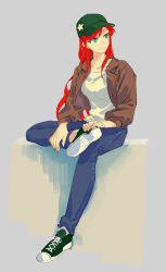 Rule 34 | alternate costume, blouse, chamaruk, contemporary, denim, eyebrows hidden by hair, grey background, highres, hong meiling, jeans, pants, shirt, simple background, solo, touhou, white shirt