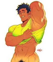 Rule 34 | 1boy, abs, armpits, artist name, bara, black hair, commentary, english commentary, facial hair, green shirt, large pectorals, male focus, male pubic hair, mavex art, muscular, muscular male, naked shirt, navel, original, out-of-frame censoring, pectorals, presenting armpit, pubic hair, shirt, short hair, simple background, smile, solo, stubble, teeth, white background
